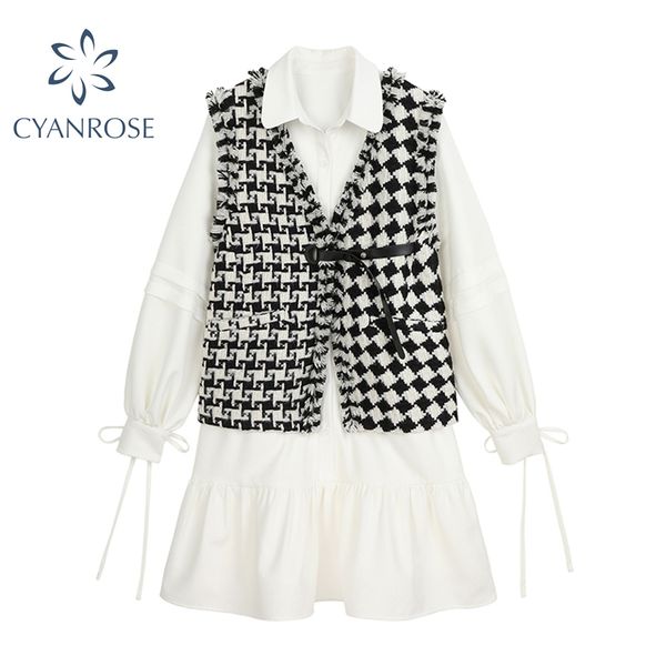 

korean outfit sets women white long sleeve crop midi shirt dress and tweed geometri cardigan bandage sleeveless vest 2 pcs lady 210417, Black;gray