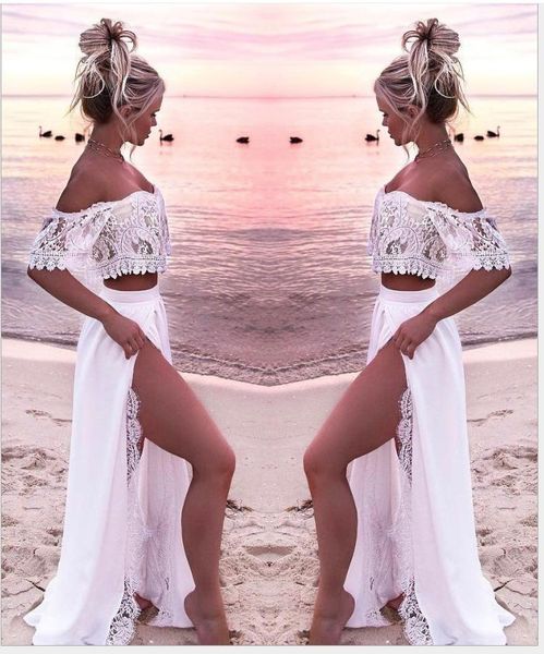 

two piece lace bikini cover up beach dress women summer pareo long skirt off shoulder crop coverup tunic beachwear white women's swimwe, White;black