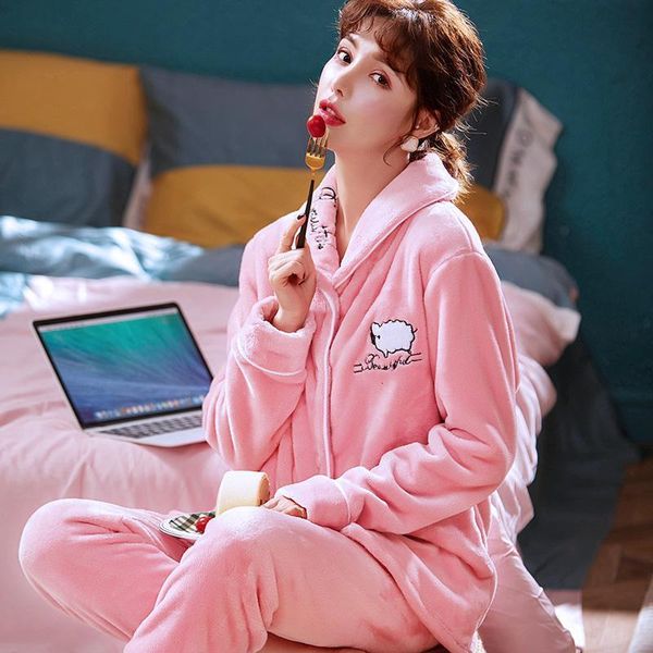 

women's sleepwear winter pink set sweet pajamas full sleeve button shirt long pant thick warm flannel cartoon mom casual pjs 8fgv, Black;red