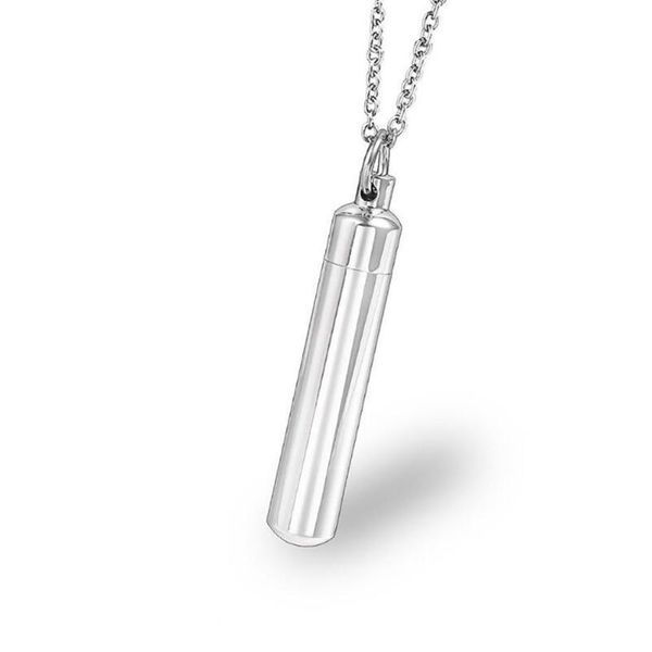 

chains stainless steel cylinder cremation urn pendant necklace ash jewelry gift for men with filling kit, Silver