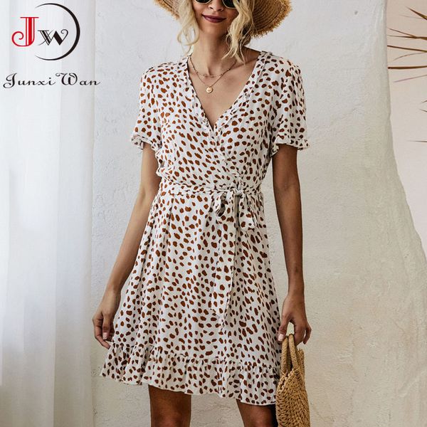 

white polka dot print summer chiffon dress women fashion high waist short sleeve v neck ruffle elegant mini party sundress 210510, Black;gray