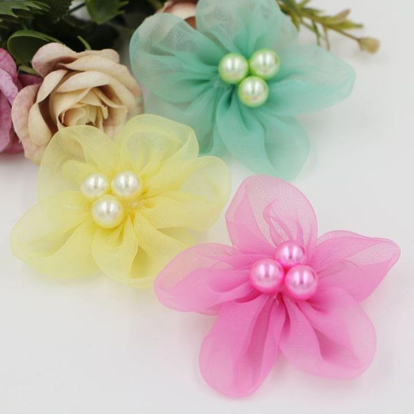 

hair clips & barrettes 20pcs 50pcs/lot pearls core decorated chiffon flowers diy jewelry finding ornament accessories handmade floral patch, Golden;silver