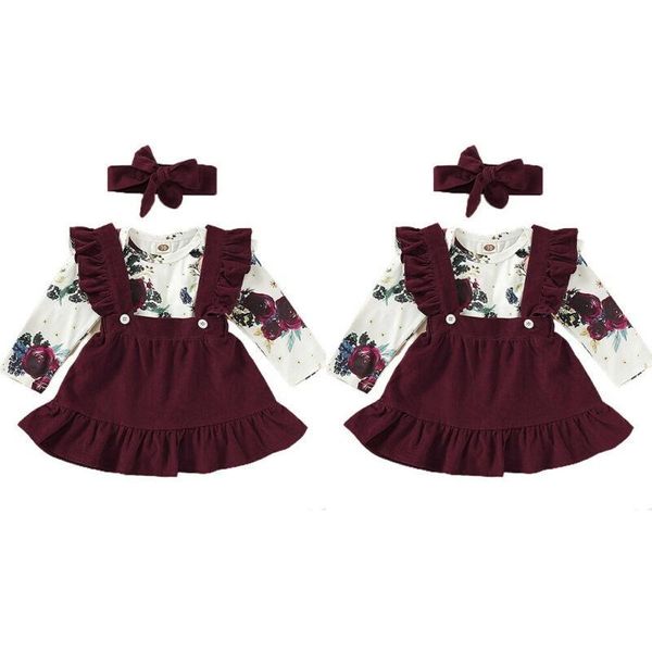 

clothing sets kids girls floral long sleeve shirt + solid strap skirt headwear party outfit, White