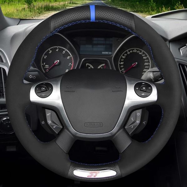 

car steering wheel cover hand-stitched soft black genuine leather suede for ford focus 3 st 2012 2013 2014