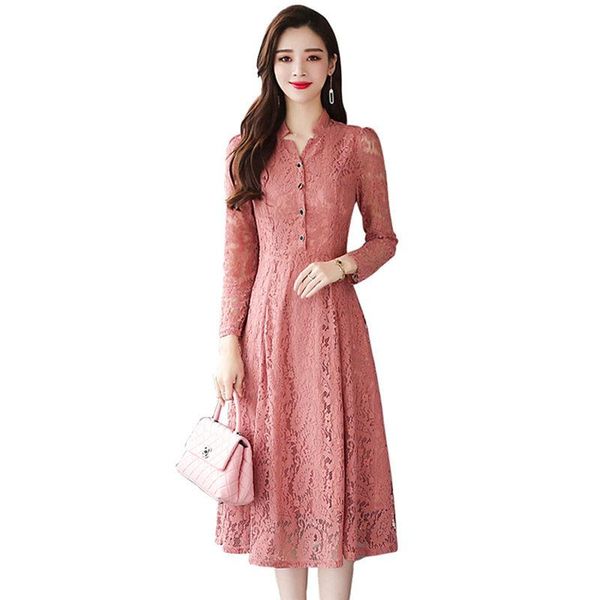 

casual dresses hollow chinese stand collar button lace dress plus size women elegant party fashion vestidos midi long sleeve robe f1343, Black;gray