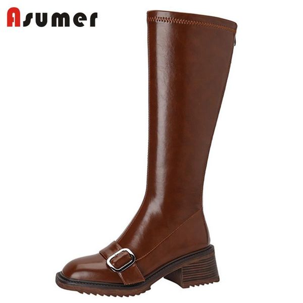 

boots asumer 2022 fashion riding women shoes square heels zip stretch slim knee high toe autumn ladies, Black