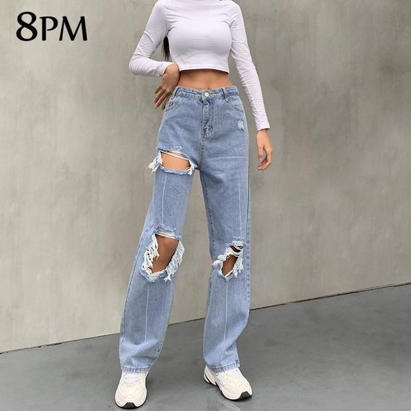 

women's jeans ripped straight women baggy femal streetwear wide leg jean high waist blue harajuku denim trousers ouc833