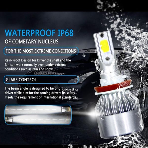 

car headlights waterproof bright led headlight kit low beam fog bulb auto white + 8000k blue light lights cob h8 h9 h11 72w 8000lm 6000k