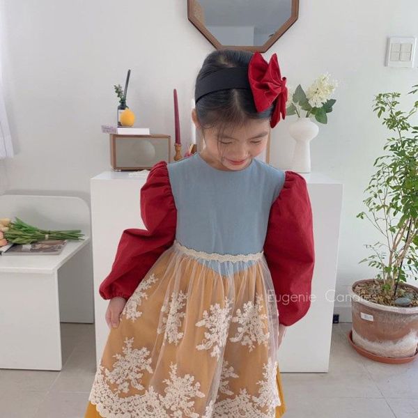 

girl's dresses children's clothing girls princess dress long-sleeved western-style color matching 2021 spring and autumn, Red;yellow