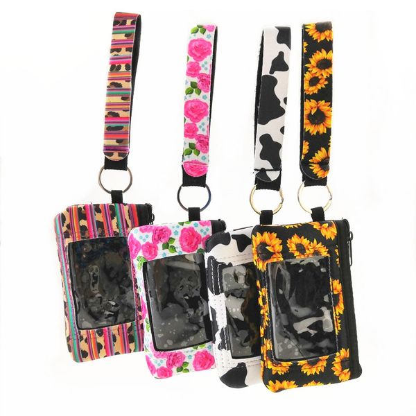 Drucken Sonnenblume Leopard Kuh Blume Multifunktions-Neopren-Passhülle ID-Kartenhalter Wristlets Clutch Münzgeldbörse mit Schlüsselanhänger hoch