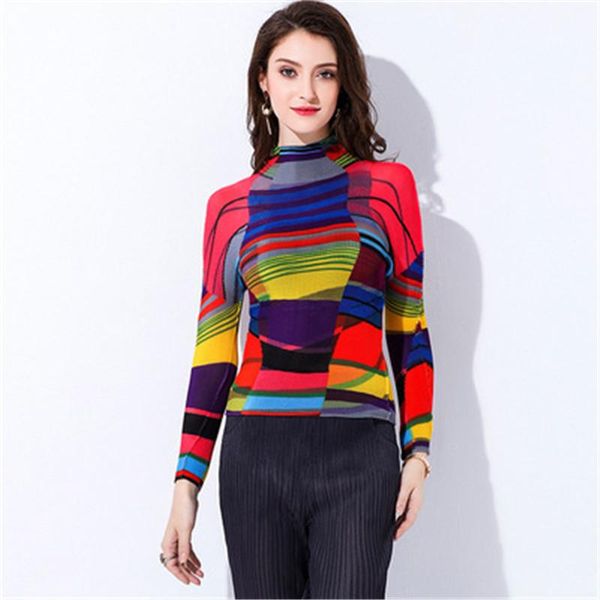 

women's t-shirt miyake fold printing bottoming shirt spring and summer temperament semi-high neck short-sleeved was thin women, White