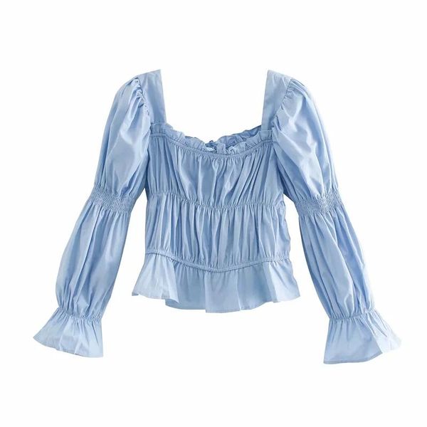

women's blouses & shirts zxqj vintage women short 2021 summer blue flare sleeve female fashion ladies casual shirt slash neck girls blo, White