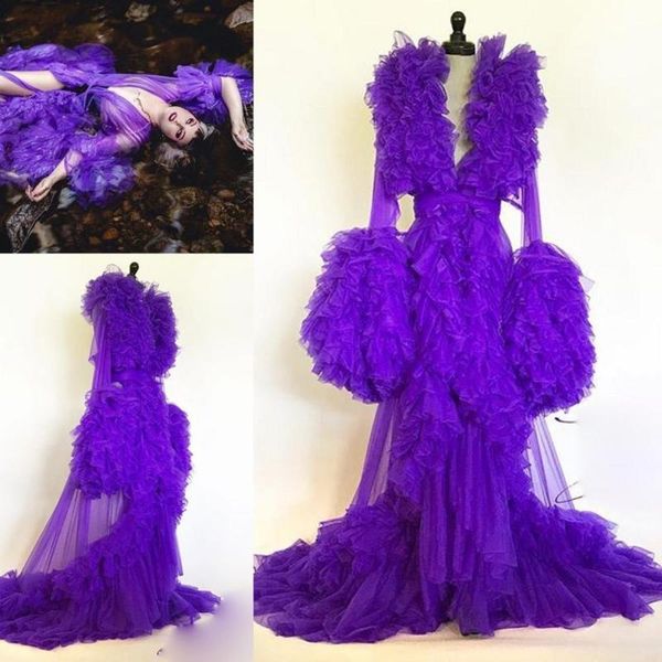 

wraps & jackets charming purple ruffles night robe custom made party sleepwear see through long sleeves nightgowns bathrobes, White