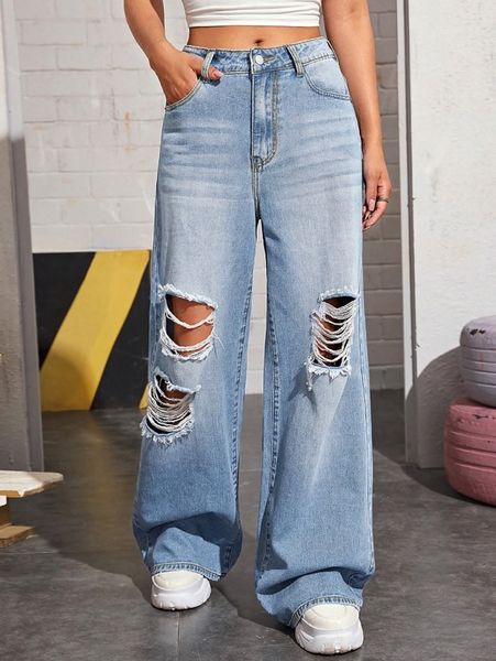 

bleach wash high-rise wide leg jeans w1kk#, Blue