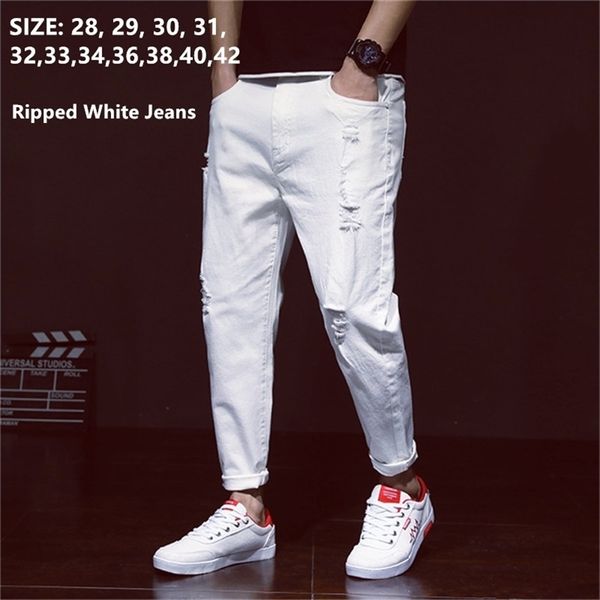 Homens de jeans brancos rasgados harem jean denim anfitrião mens calças primavera verão para homem mais tamanho 38 40 42 grandes calças de cowboy 211104