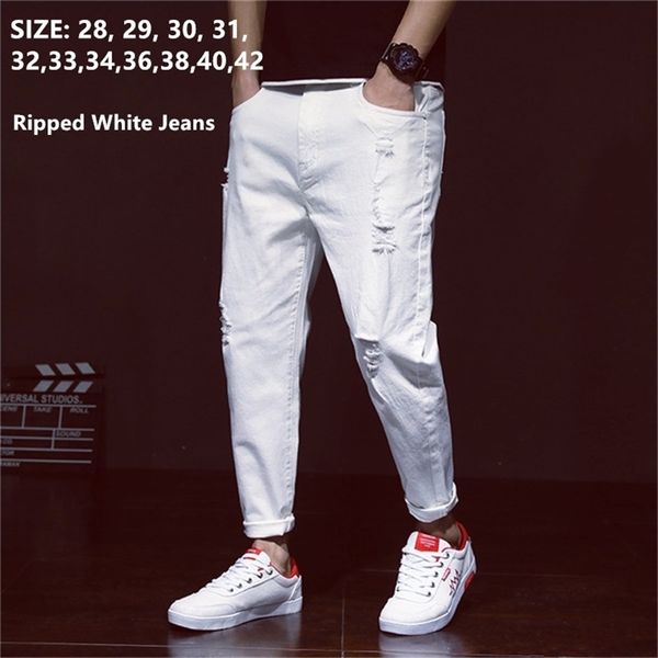 

white jeans men ripped harem jean denim distressed mens pants spring summer for man plus size 38 40 42 big cowboy trousers 211104, Blue