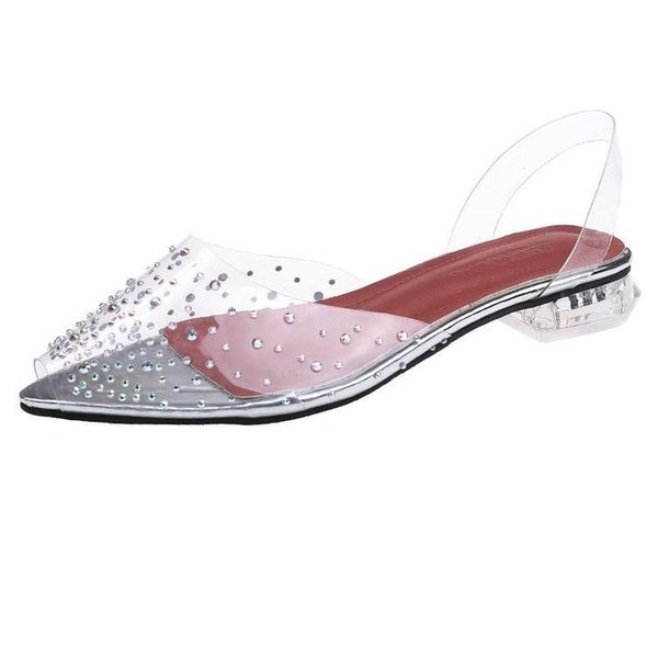 

sandals 2021 ladies summer korean low heel breathable women transparent rhinestone pointed toe shoe, Black