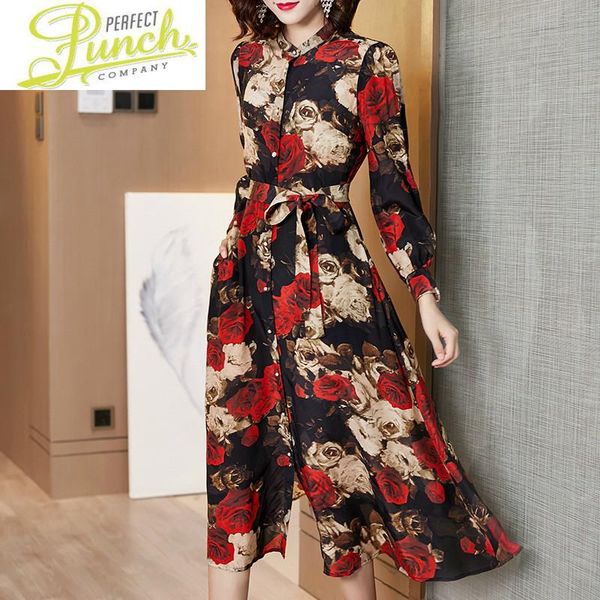 

casual dresses real 2021 spring 100% silk women vintage floral dress elegant long sleeve ladies midi autumn vestidos 1015 kj5686, Black;gray