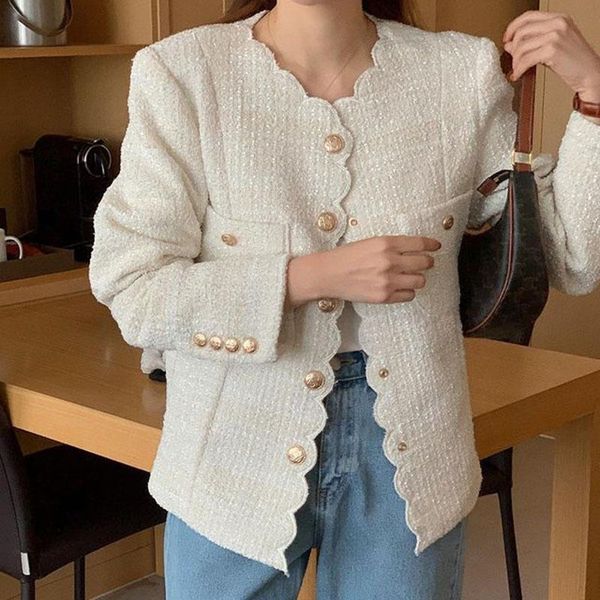 

women's jackets [ewq] korean chic autumn neckline wavy edge single breasted loose long sleeve pocket tweed jacket coat female tide 2021, Black;brown