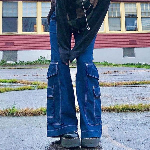 

women's jeans 2021 skater style indie boyfriend baggy pants y2k streetwear teen fashion 90s pockets wide legs high waist trousers, Blue