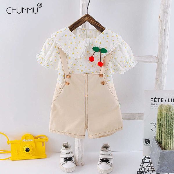 Kinder Girls Kleidungsstücke 2021 Sommer Fashion Baby Girls Kleidung Spitze Cherry T-Shirt + Overalls Kleid 2pcs Kinder Kleidung Anzüge x0902