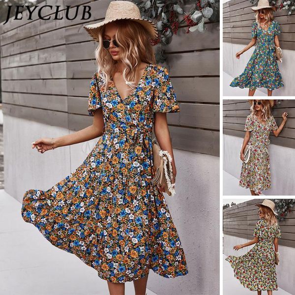 

summer women high waist printed dress closing longuette lady vneck retro beach long skirt vestido floral dresses casual, Black;gray