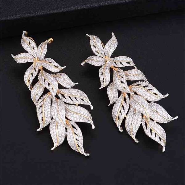 

33*78mm fashion leaves cluster drop dangle long earrings for women wedding bridal jewelry engagement-a, Golden;silver