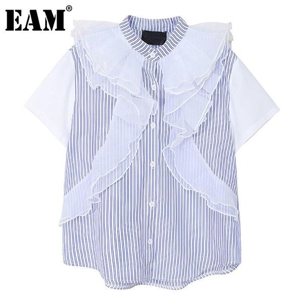 

women's blouses & shirts [eam] women blue striped big size mesh blouse stand collar short sleeve loose fit shirt fashion spring summer, White