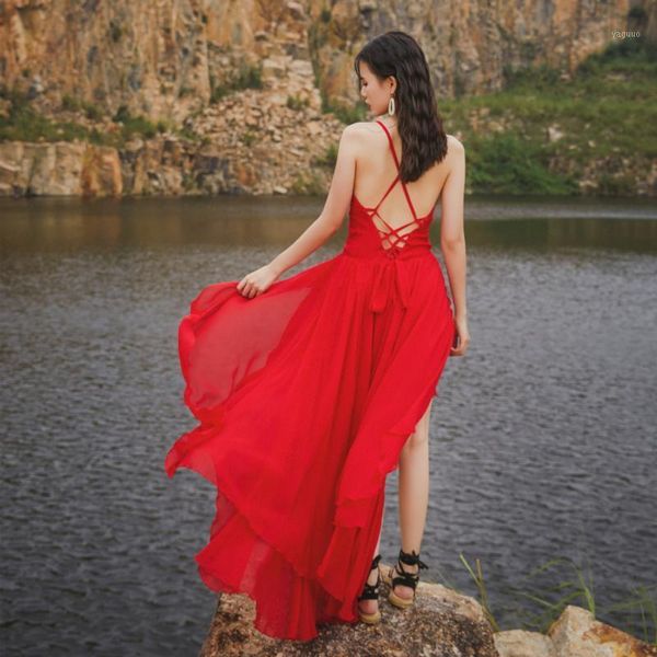

red dress beach holiday strap backless mop skirt temperament fairy fashion commuter super woman women's swimwear, White;black