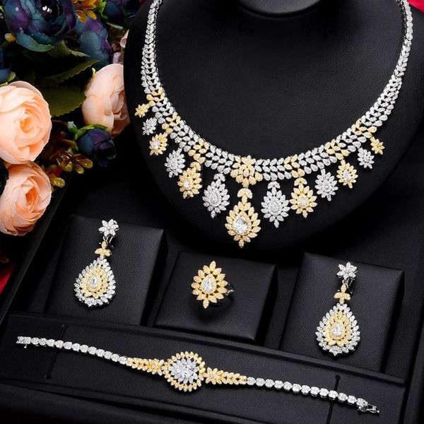 

earrings & necklace brand leaf charms 4pcs luxury nigerian jewelry set for women wedding cubic zircon dubai bridal earring bangle ring, Silver