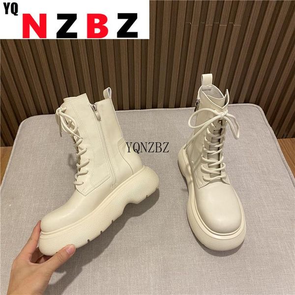 

boots ankle for women 2021 spring motorcycle thick heel platform shoes woman slip on round toe fashion, Black