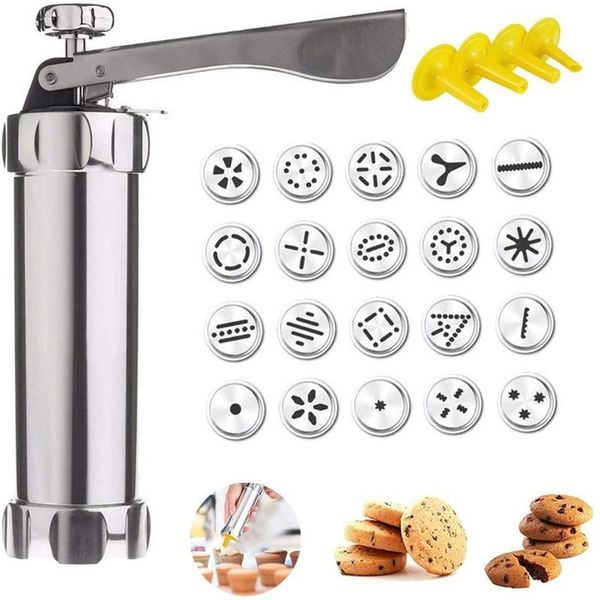 

baking moulds decorator, tool, biscuit press, kitchen tray with 20 cookie molds and 4 nozzles for decorating desserts