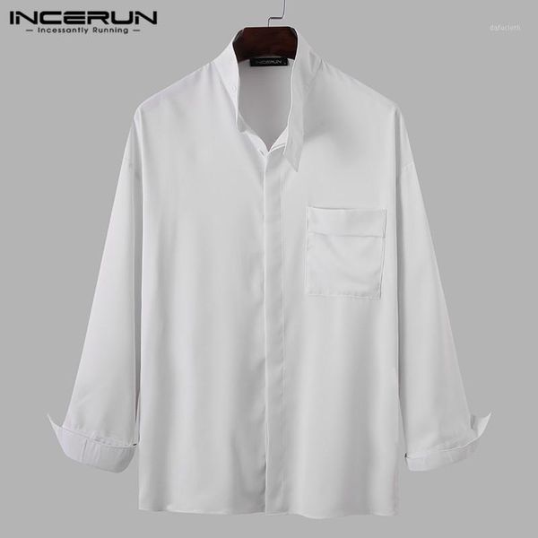 

korean style camisa mens fashion stand collar shirts long sleeve solid color blouse male casual pockets plus size men's, White;black