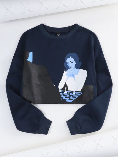 

x medharaj figure graphic drop shoulder crop pullover v4lm#, White;black