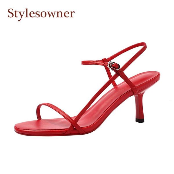 

stylesowner 2021 fashionable thin belt sandal shoe open toe solid color 7cm heel ankle strap consice lady cool sandalias sandals, Black