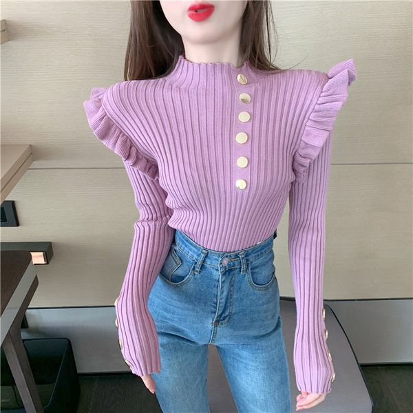 

women's t-shirt autumn winter sweater women turtleneck ruffles knitted sweaters with button pink white or black casual pullover j