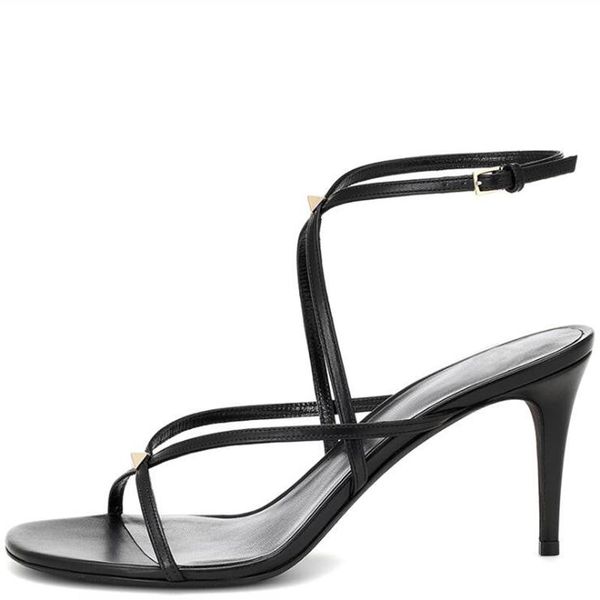 

dress shoes 2021 fashion summer patent leather pumps women open toe strap cross rivet thin heel high sandals wedding party, Black