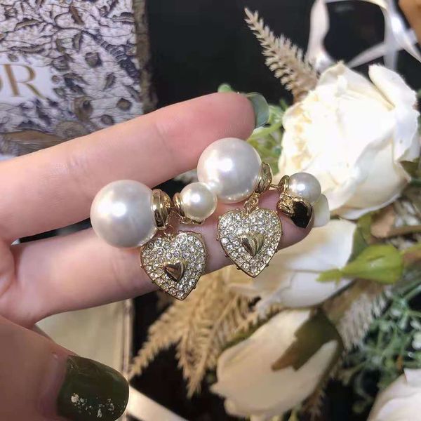 

dijia 2021 new pearl love two earrings d 925 silver needle earrings, Golden
