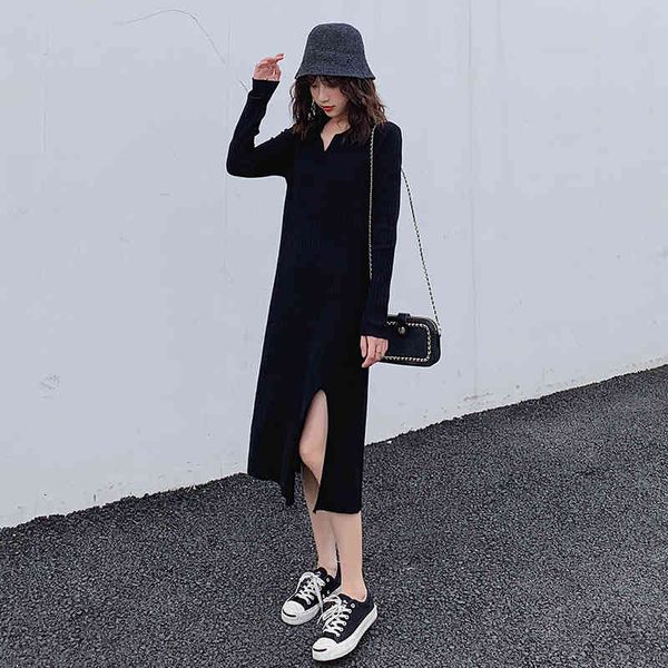 

women sweater winter 2021 sleeve thick doll collar slim split dress knit long party dresses, Black;gray
