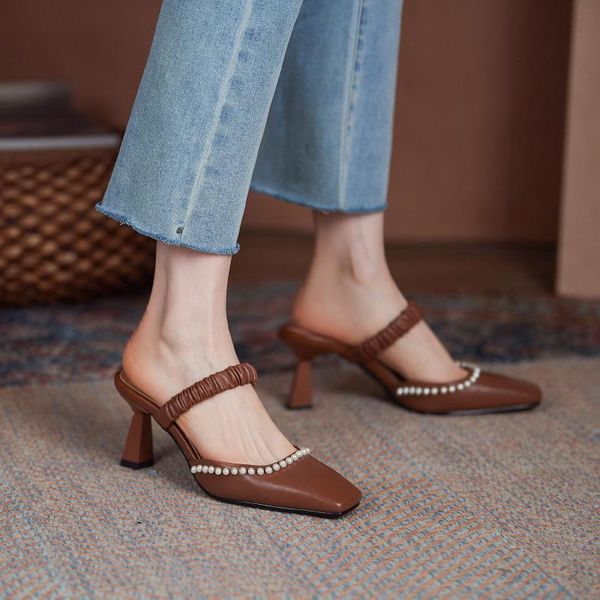 

sandals small square head pearl string baotou half back empty shoes 2021 spring and summer korean elastic band women's, Black