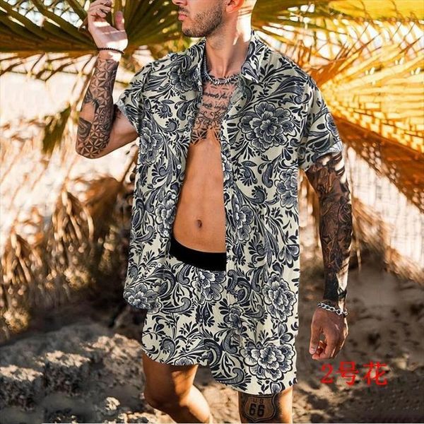 

hawaiian printing set men tracksuit short sleeve summer casual floral shirt beach two piece suit fashion s 3xl dropship, Gray
