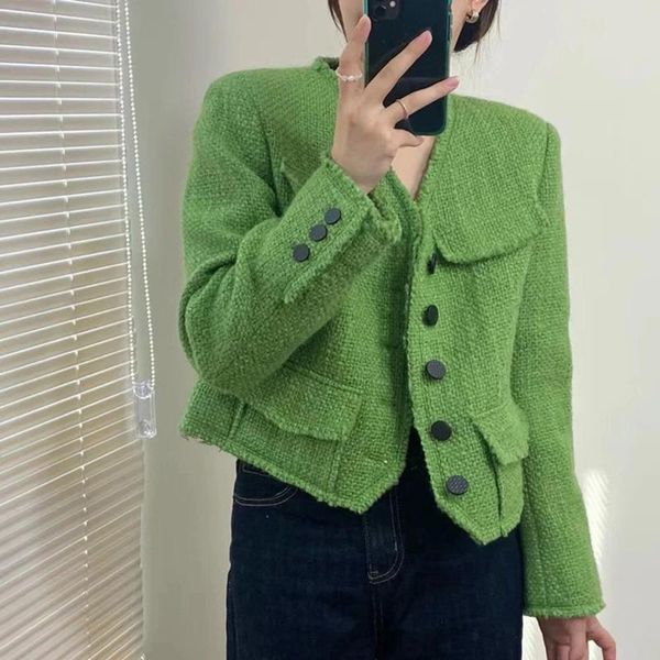 

women's jackets [ewq] 2021 autumn winter temperament v-neck short green fashionable coat tweed jacket female fashion 16r358, Black;brown