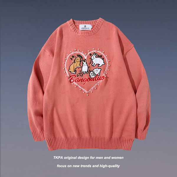 

tkpa sweater men's and women's autumn and winter korean cartoon pearl embroidery tide brand loose yuan sufeng pullover t-shirt, White;black