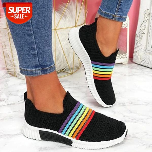 

2020 mesh sneakers rainbow color knitted vulcanized shoes women's casual flats breathable female comfortable shoe fashion #wx0u