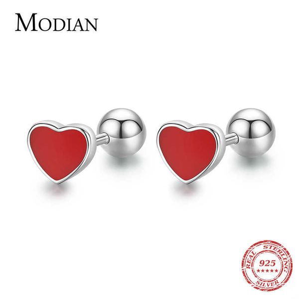 

exquisite hearts red enamel stud earrings 925 sterling silver round screw bead fashion earring for women fine jewelry 210707, Golden;silver