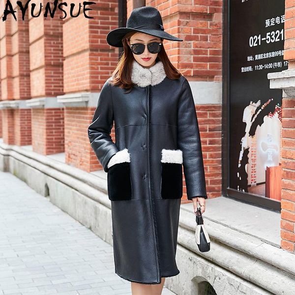 

women's fur & faux ayunsue double faced real coat winter jacket women mink collar luxury natural wool female leather my, Black