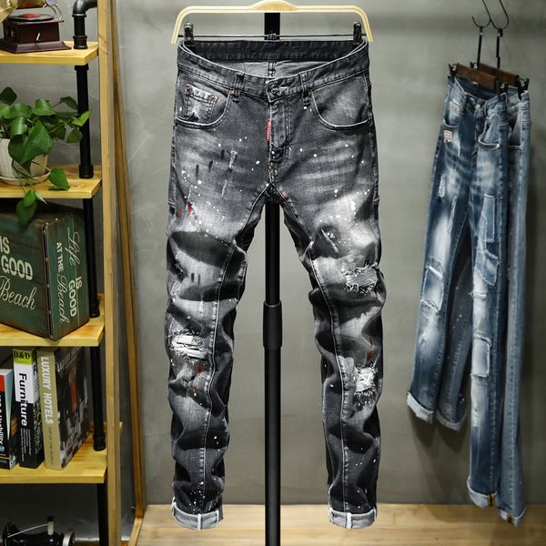 

jeans summer ripped men's fashion brand light color paint splash ink personality blow off style elastic trend beggars pants, Blue