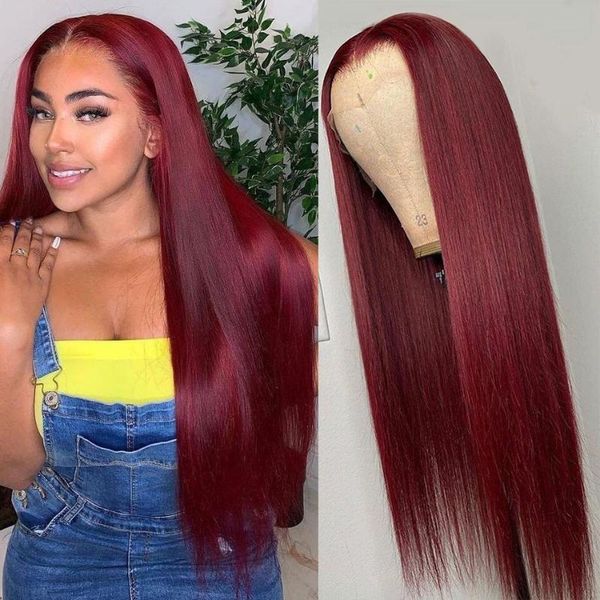 

lace wigs peruvian straight wine red closure 99j #27 color 13x1 front human hair pre plucked with baby for black women, Black;brown