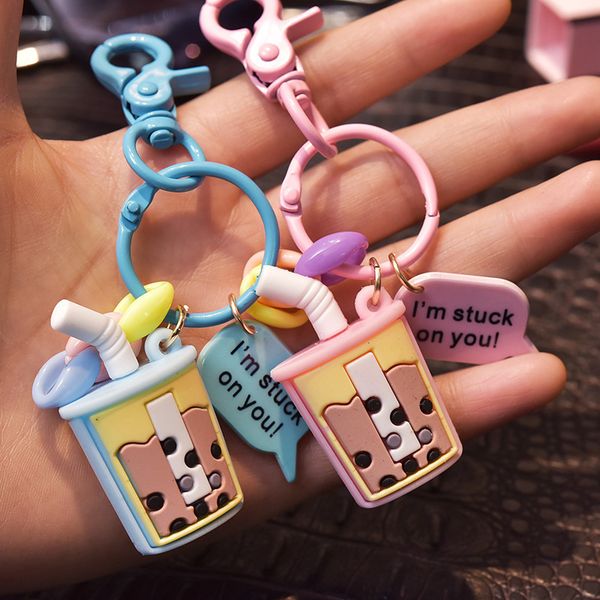 

2021 fashion keychain new soft tape fragrance pearl milk tea key chain simulation drink pendant couple student pendant gift, Silver