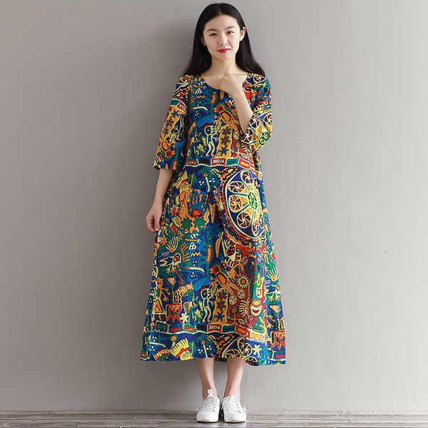 

casual dresses cotton linen women summer fashion vintage ethnic printing half sleeve robe femme loose plus size hs29, Black;gray